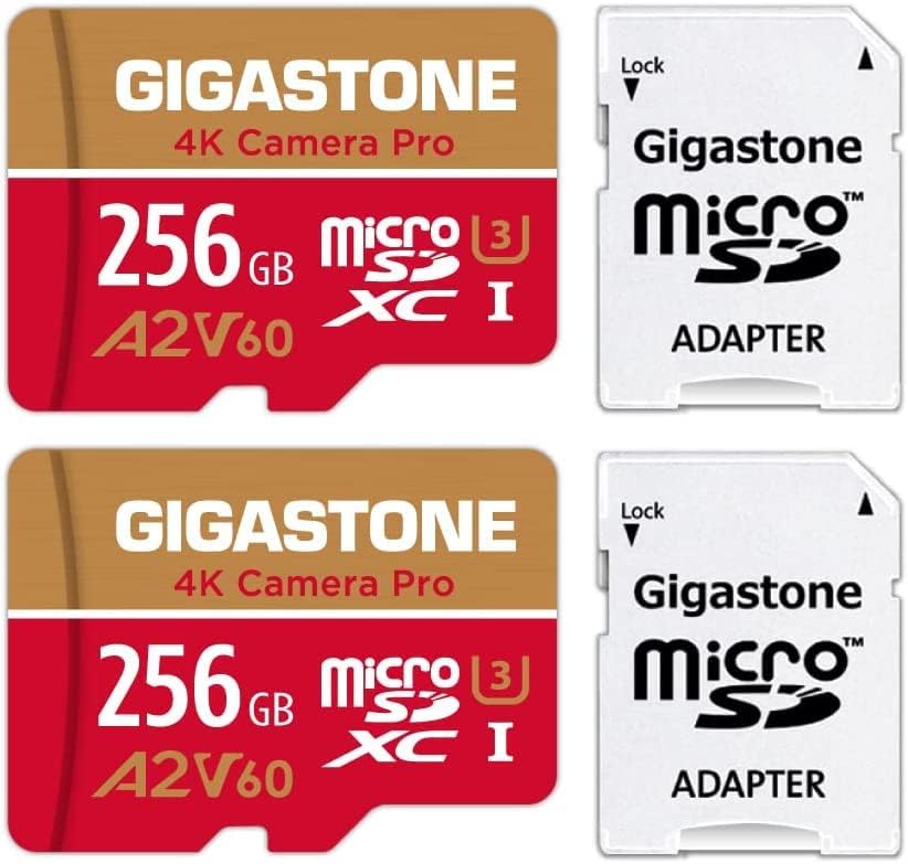 [5-Év Ingyenes adatmentés] Gigastone 256 gb-os 2-Pack Micro SD Kártya, 4K Kamerát Pro A2 V60 MicroSDXC Memóriakártya Gopro,