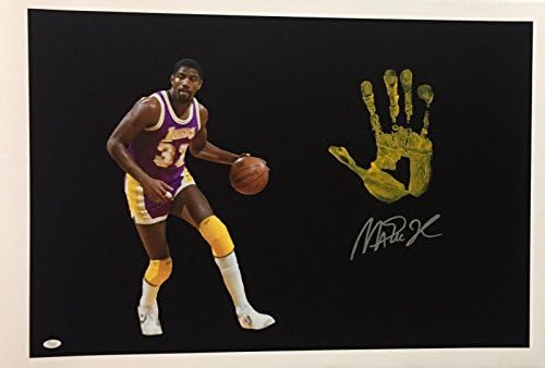 Magic Johnson Kezét Nyomtatás Unstretched 20x36 Vászon Lila Aláírt SZÖVETSÉG Z05729 1 - Dedikált NBA Művészet