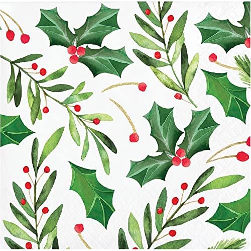 Fél Alkotások Karácsonyi Holly Ital Szalvéta - 32 Szám | 2 csomag 16CT Koktél | Dekoratív Ünnep Zöld Asztal Dekoráció | Hagyományos