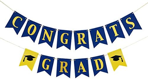 Congrats Grad Banner Kék-Arany Gratulálok Érettségi Banner, Congrats Grad Tábla Dekoráció Gratulálok Banner a Kék-Arany Gratulálok