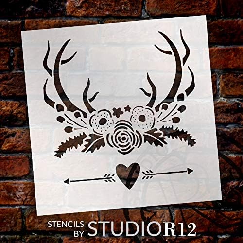 Szarvas Agancsa, Virágokkal & Nyilak Stencil által StudioR12 | DIY Bohém Esküvő Kert Dekoráció | Kézműves Bohém Rose Wall