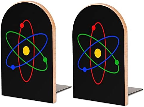 A tudomány Atom Logó Festés, Fa Bookend Dekoratív Nem csúszós a Könyv Végén 1 Pár 7x5 Inch