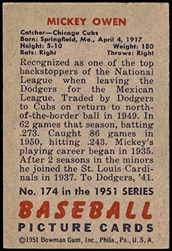 1951 Bowman 174 Mickey Owen Chicago Cubs (Baseball Kártya) Dean Kártyák 5 - EX Cubs