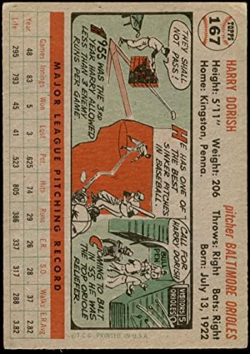 1956 Topps 167 WHT Harry Dorish Baltimore Orioles (Baseball Kártya) (Fehér Vissza) JÓ Orioles
