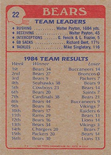 1985 Topps 22 Chicago Bears Medvék TL NFL Labdarúgó-Kártya NM-MT