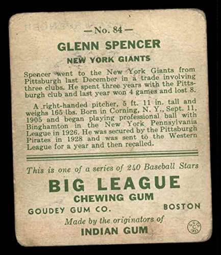 1933 Goudey 84 Glenn Spencer New York Giants (Baseball Kártya) SZEGÉNY Óriások