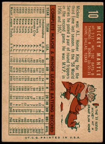 1959 Topps 10 Mickey Mantle New York Yankees (Baseball Kártya) VG Yankees