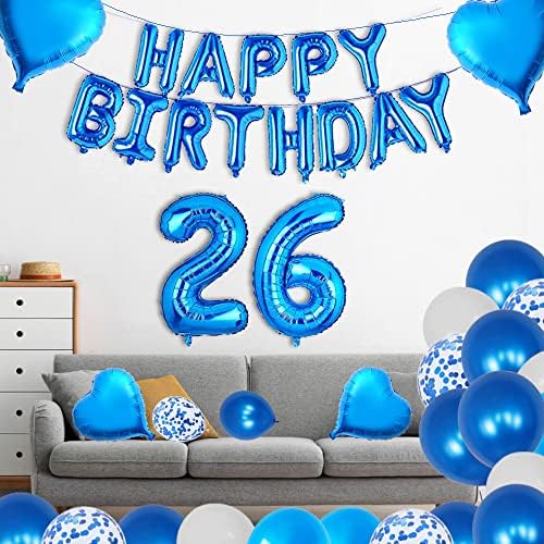 yujiaonly 26-ÁN Születésnapi Party Dekoráció Kék Boldog Szülinapot Fólia Lufi, Kék Szám 26 Boldog szülinapot Szárny Torta
