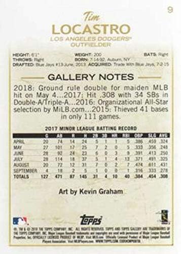 2018 Topps Galéria Baseball 9 Tim Locastro RC Kezdő Los Angeles Dodgers MLB Hivatalos Kereskedési Kártya
