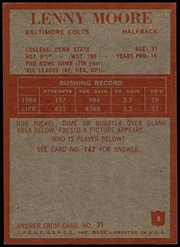 1965 Philadelphia 8 Lenny Moore Baltimore Colts (Foci Kártya) EX/MT Colts Penn St