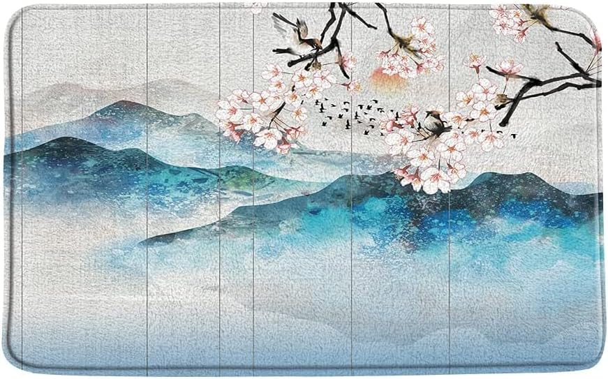 Japán Szőnyeg cseresznyevirág Virágos Ág Madarak Ködös Hegy, Fa, Gabona Akvarell Ázsiai Táj Művészet Puha Mikroszálas Memória