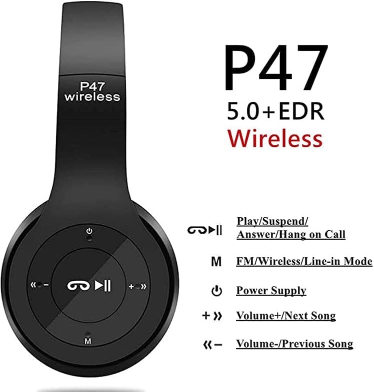 Vezeték nélküli Fejhallgató Át Fül P47 Super Bass 5.1, hangerőszabályzó, Bluetooth, SD Kártya Támogatás, LED lámpa, Kompatibilis
