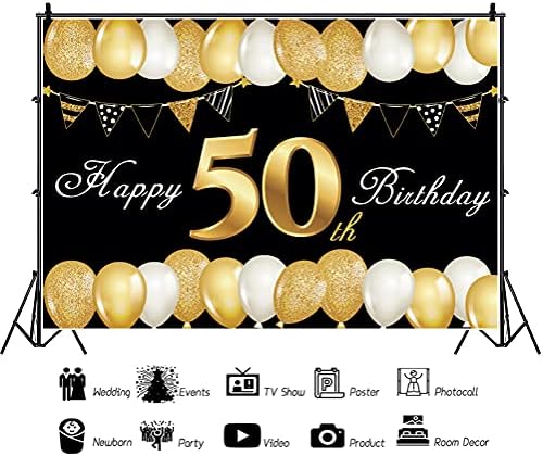 OERJU 12x10ft Boldog 50-ik Születésnapját Hátteret a Nők Fekete-Arany Születésnapi Portré Fotó Csillogó Arany Lufi Zászlók