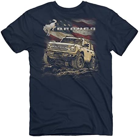 Ford Bronco Off Road Zászló Férfi Rövid Ujjú T-Shirt | Amerikai Zászló, Off-Road Design USA Szeretők | Pamut, Navy