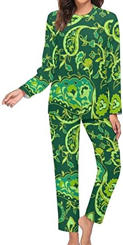 Zöld Paisley Mintás Női Pizsama Szett Két Darab Hosszú Ujjú Felső Nadrág Hálóruházat Nyomtatás Loungewear