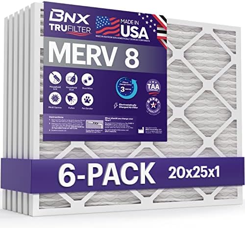 BNX 20x25x1 MERV 8 légszűrő 6 Pack - MADE IN USA - Elektrosztatikus Rakott légkondícionáló HVAC AC Kemence Szűrő - Eltávolítja