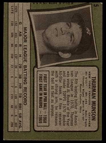 1971 Topps 5 Thurman Munson New York Yankees (Baseball Kártya) JÓ Yankees