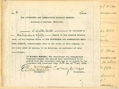 Gouverneur, valamint Oswegatchie Vasút Zrt. Által aláírt Chauncey M. Depewi - Raktáron Bizonyítvány