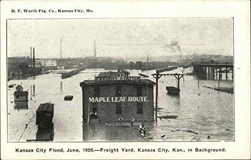 Kansas City Árvíz, június, 1908 - Freight Udvaron, Kansas City, Kan, a Háttérben az Eredeti, Antik Képeslap