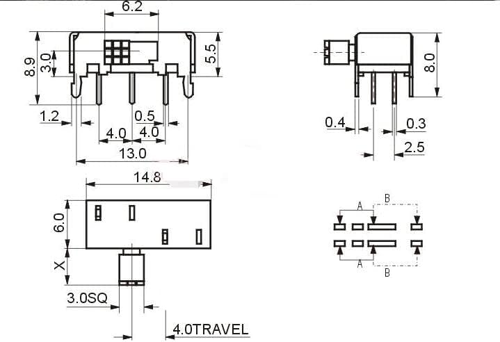 2db Panel PCB 6 Pin Vízszintes 2 Pozíció 2P2T DP2T tolókapcsoló Oldalon Gomb Magasság 5mm 0.5 EGY 50V DC SK-22H06