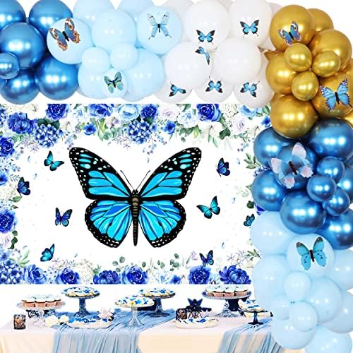 73Pcs Kék Pillangó Léggömb Garland Arch Készlet, Pillangó, Virág Fél Háttérben - 3D Pillangó Fali Matricák, Dekorációk Meghatározott
