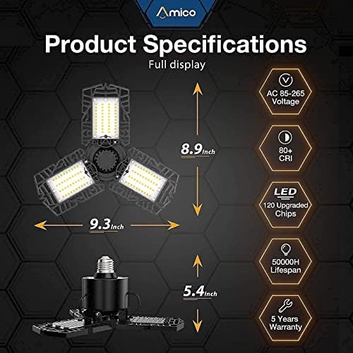 6-Pack LED-es Garázs Világítás, 50W LED Bolt Fény 3 Ultra Fényes Állítható Panelek, 5000LM 6500K Deformálódó Mennyezeti lámpa