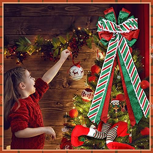 2 Db karácsonyfa Topper Karácsonyi Manó Töltött Lábak Nagy Dekoratív Bow a Streamer karácsonyfa Lába Beragadt csúcsdíszt